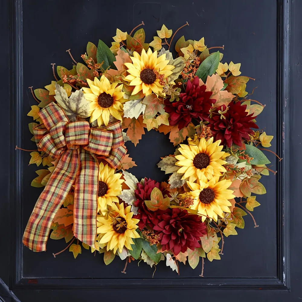 Contemporary Autumn Sunflower Wreath - Faux Floral Garland for Harvest Decoration, Fall Season Door Hanging, Rustic Country Style - Non-Electric, Plastic Material, No Feathers