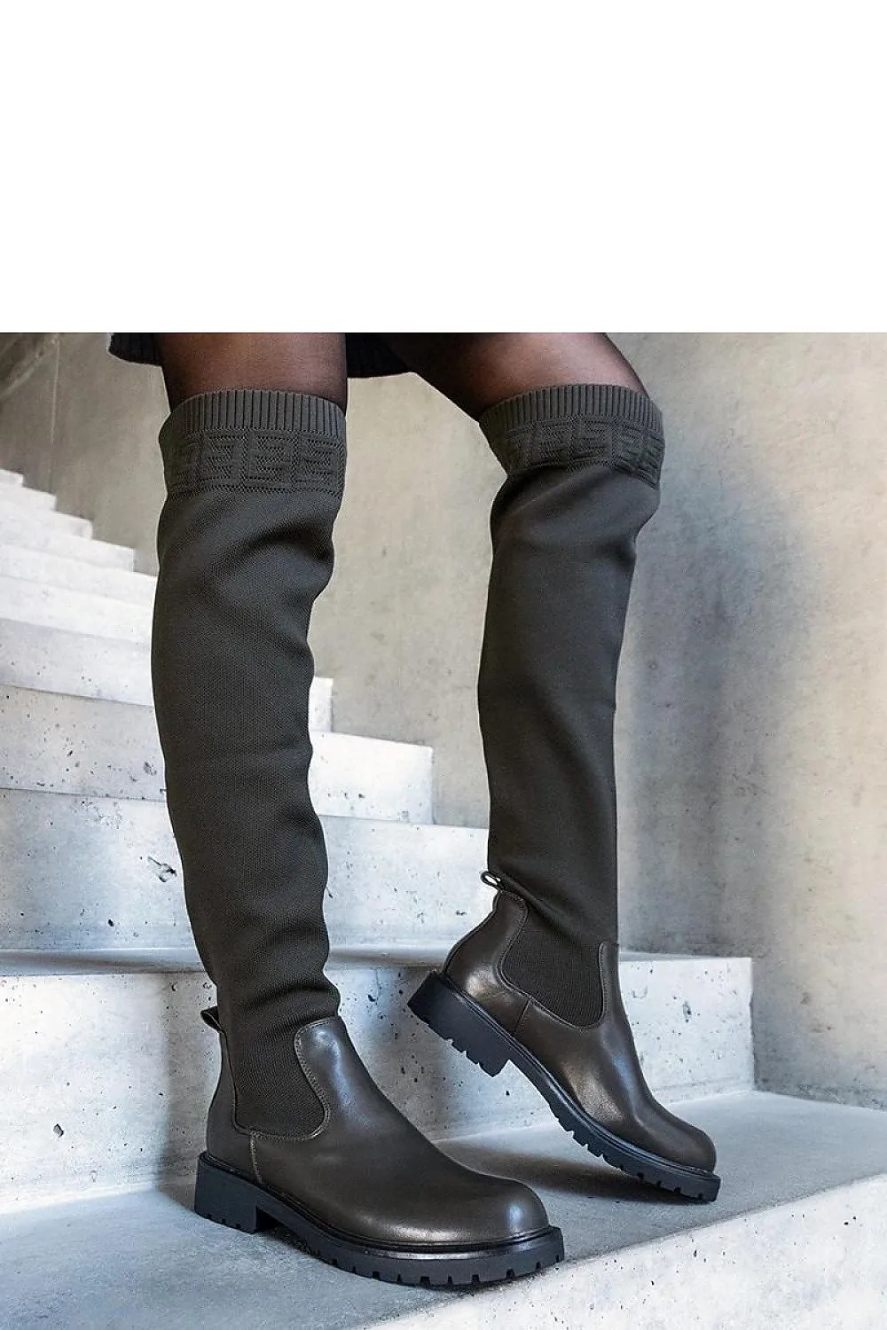 Green round toe platform heel boots