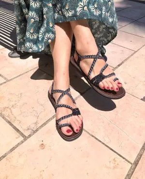 Handwoven Rope Flat Sandals-Blu-Claudia Style