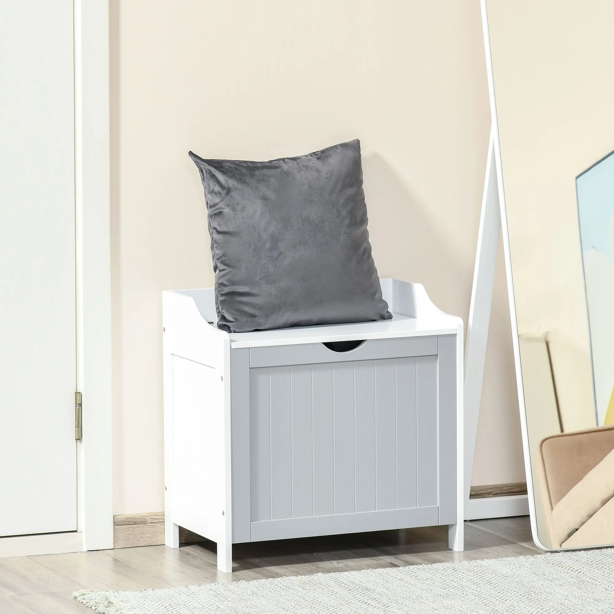 kleankin Bathroom Laundry Cabinet Bin Free Standing Towel Storage Chest with Raised back and Shaker Style Door Box Shoes Stool Hamper Basket