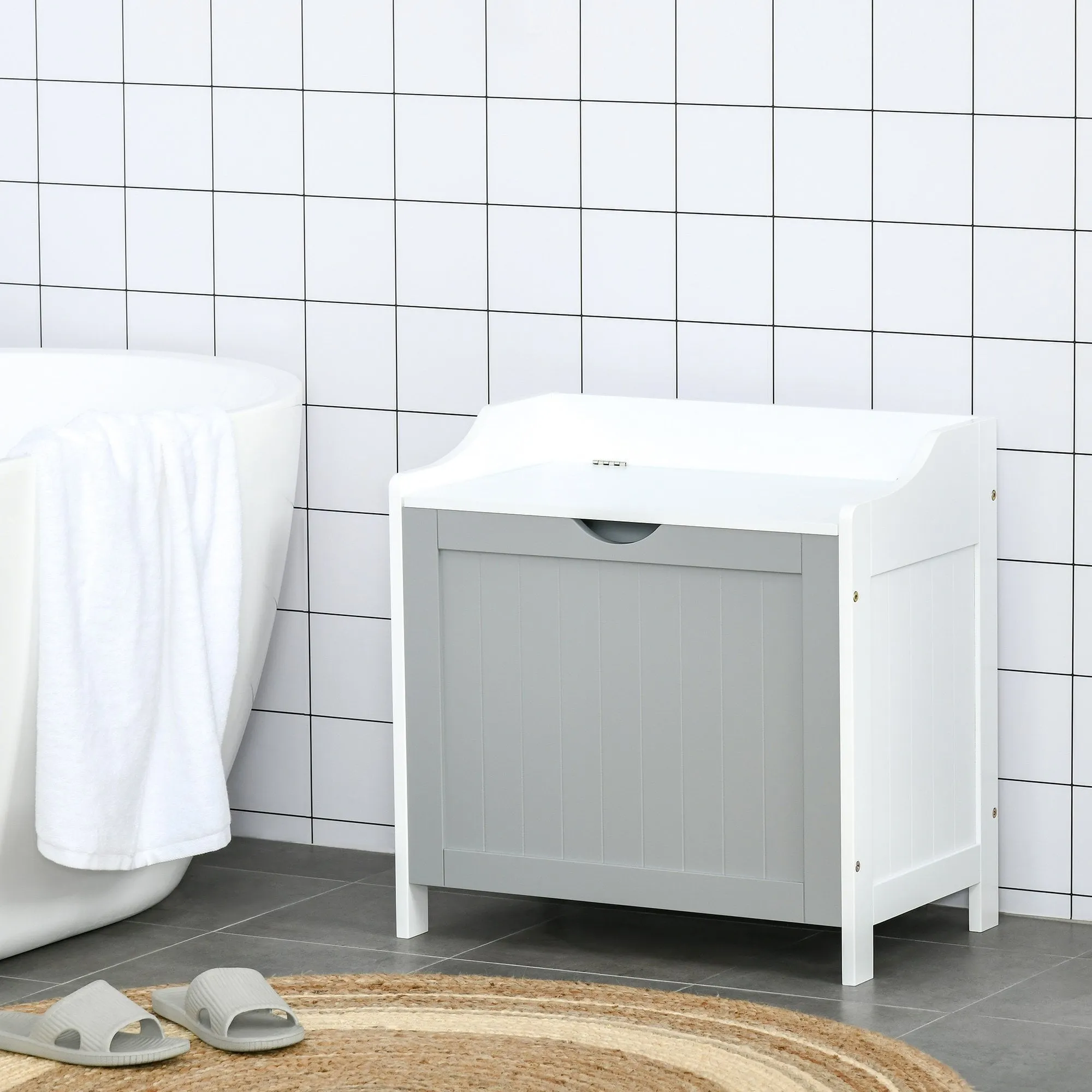 kleankin Bathroom Laundry Cabinet Bin Free Standing Towel Storage Chest with Raised back and Shaker Style Door Box Shoes Stool Hamper Basket