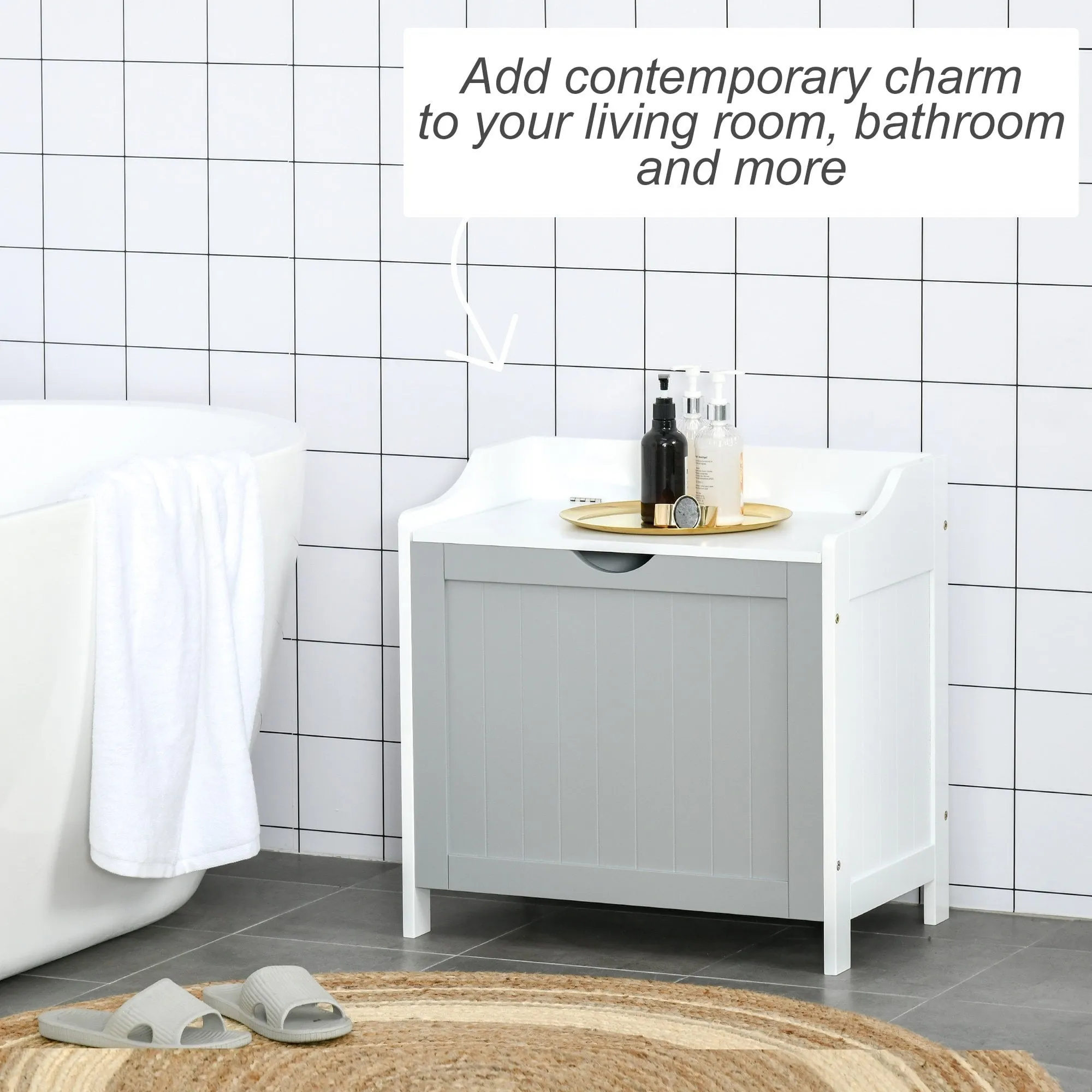kleankin Bathroom Laundry Cabinet Bin Free Standing Towel Storage Chest with Raised back and Shaker Style Door Box Shoes Stool Hamper Basket