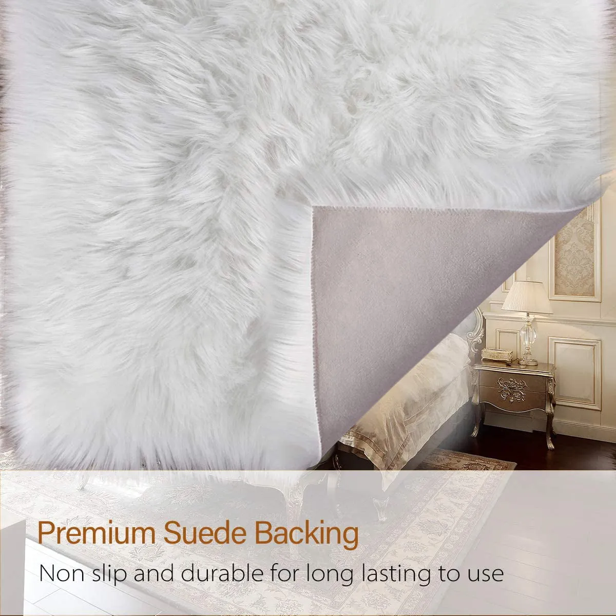 LOCHAS Ultra Soft Fluffy Rugs Faux Fur Sheepskin Area Rug for Bedroom Bedside Living Room Carpet Nursery Washable Floor Mat,2'x4',White