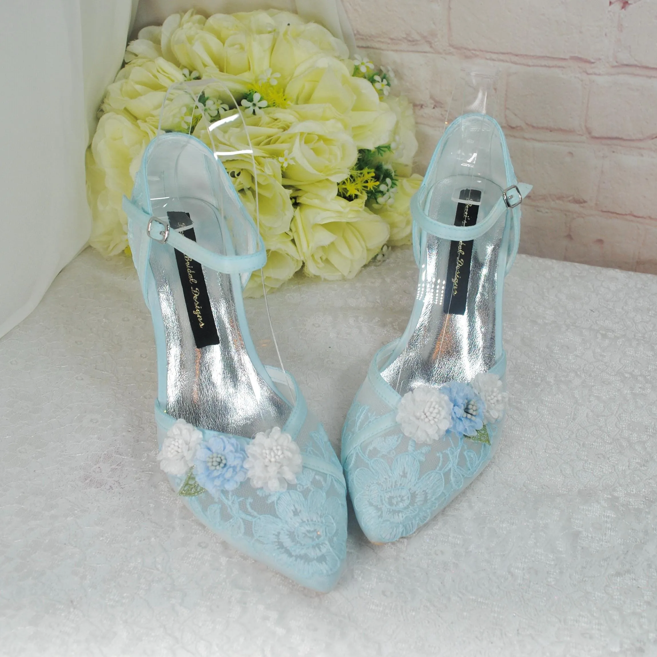 Pastel Blue 3D Flower Kitten Heel or Block Heel