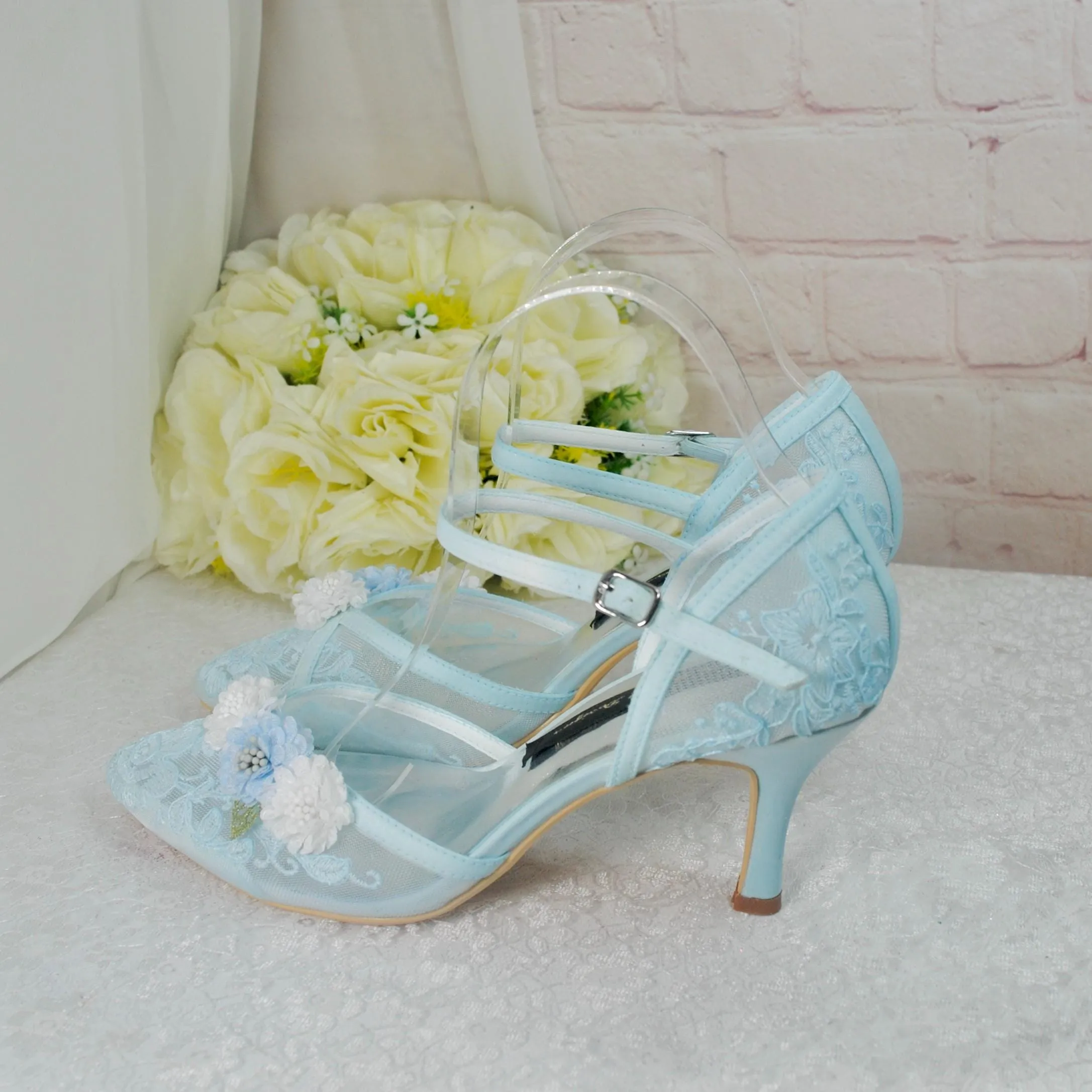 Pastel Blue 3D Flower Kitten Heel or Block Heel