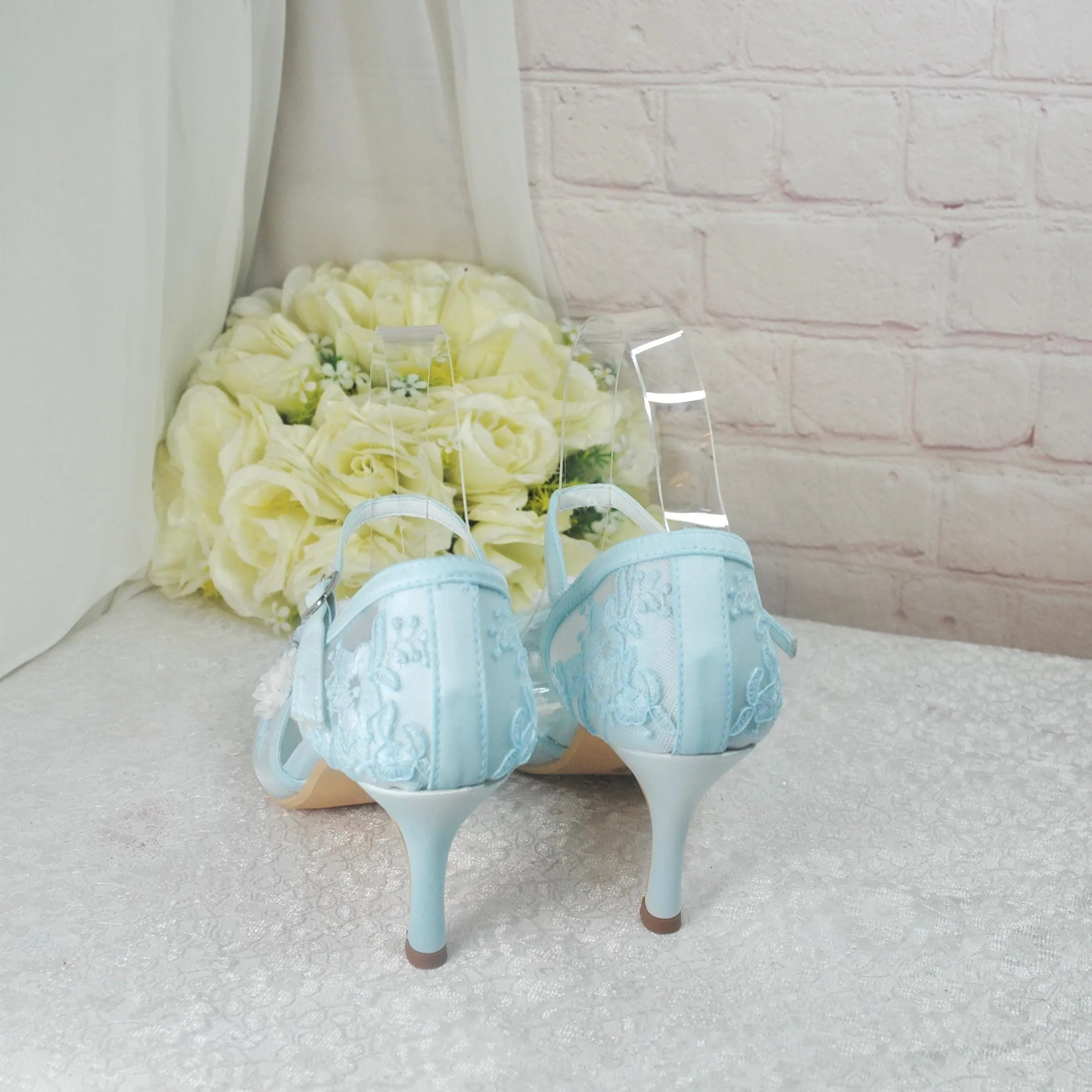 Pastel Blue 3D Flower Kitten Heel or Block Heel