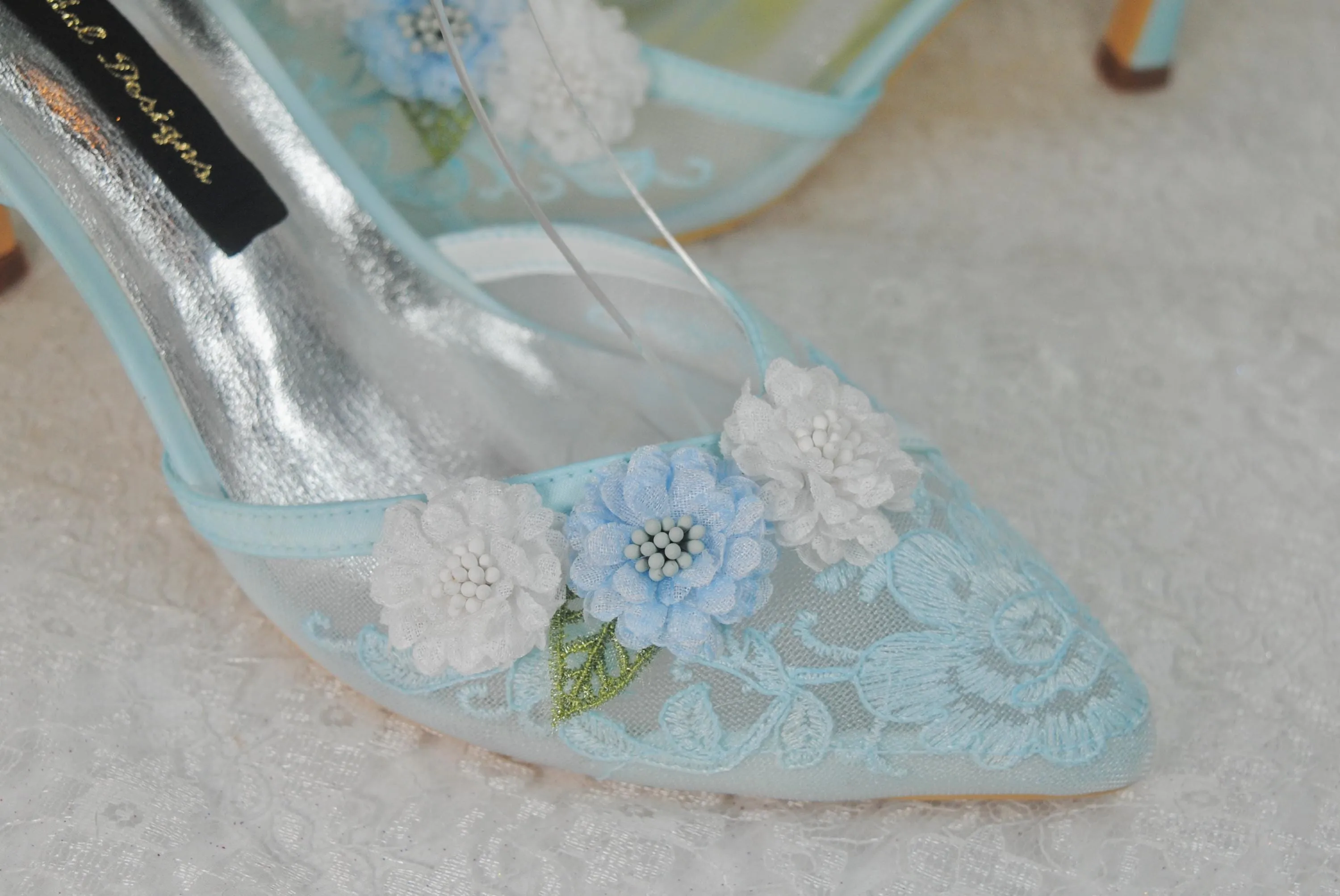 Pastel Blue 3D Flower Kitten Heel or Block Heel