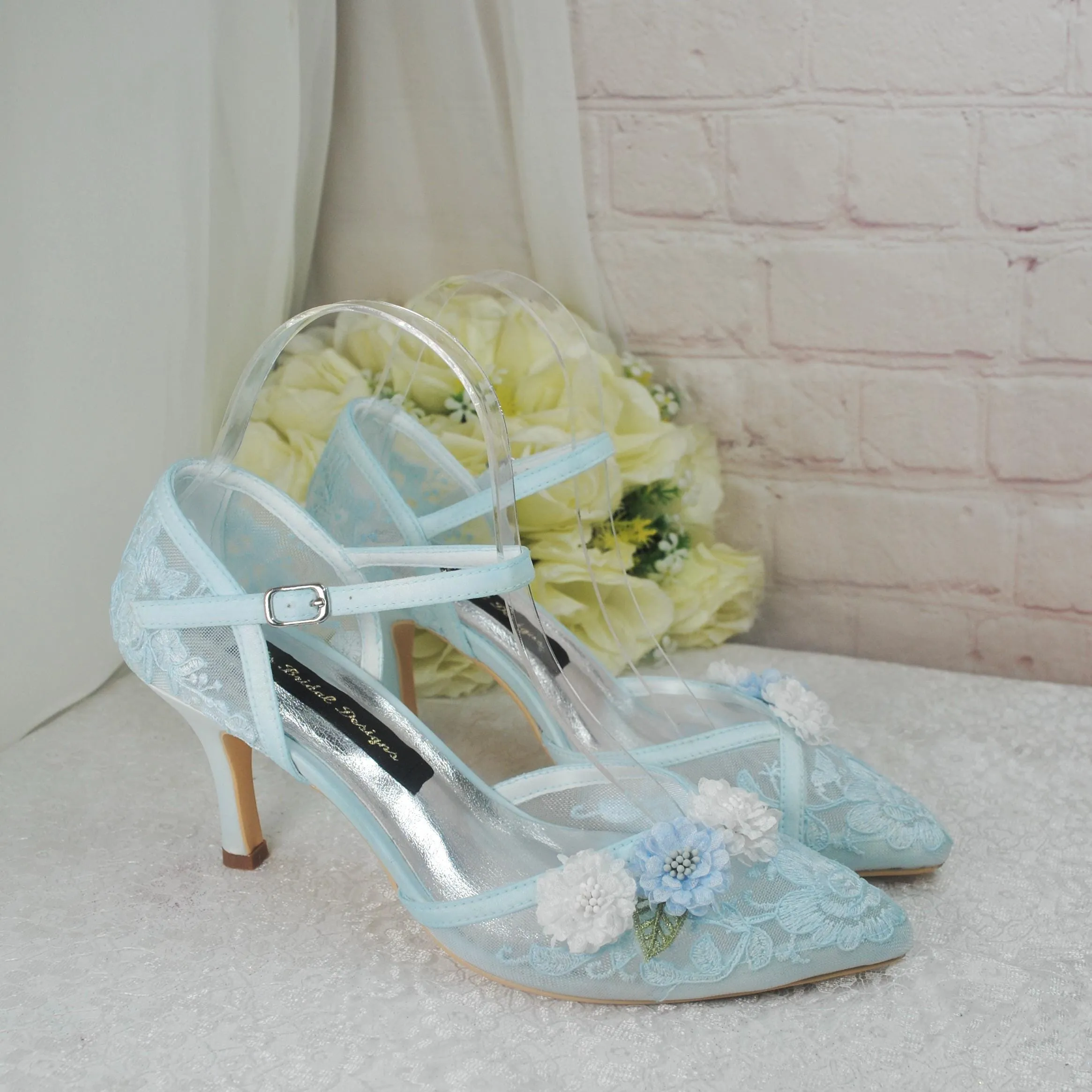Pastel Blue 3D Flower Kitten Heel or Block Heel