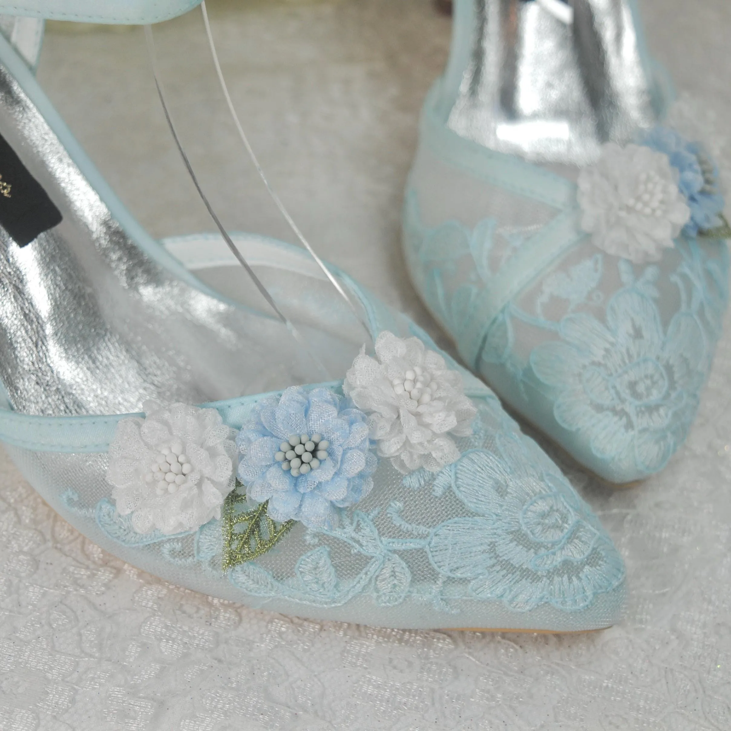 Pastel Blue 3D Flower Kitten Heel or Block Heel