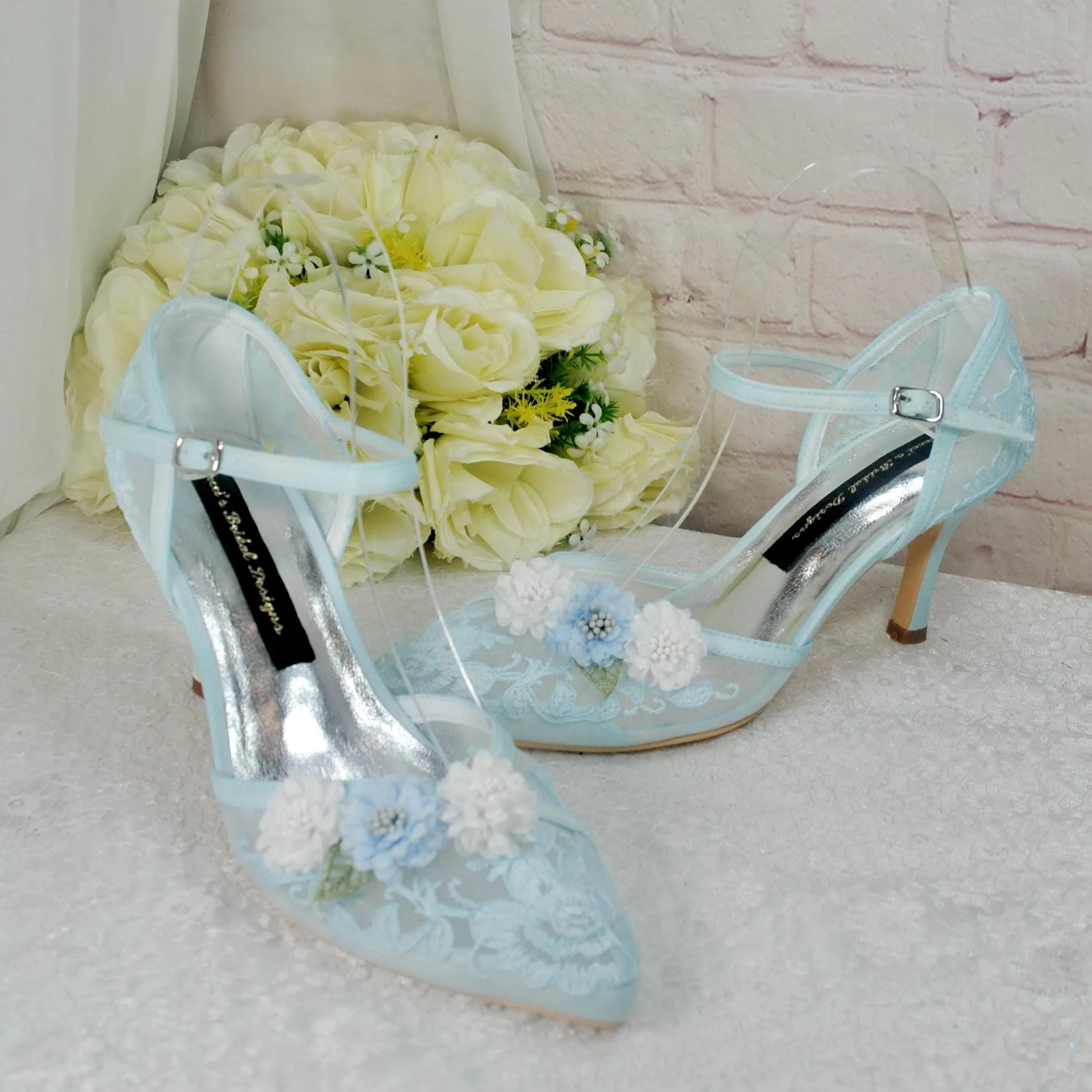 Pastel Blue 3D Flower Kitten Heel or Block Heel