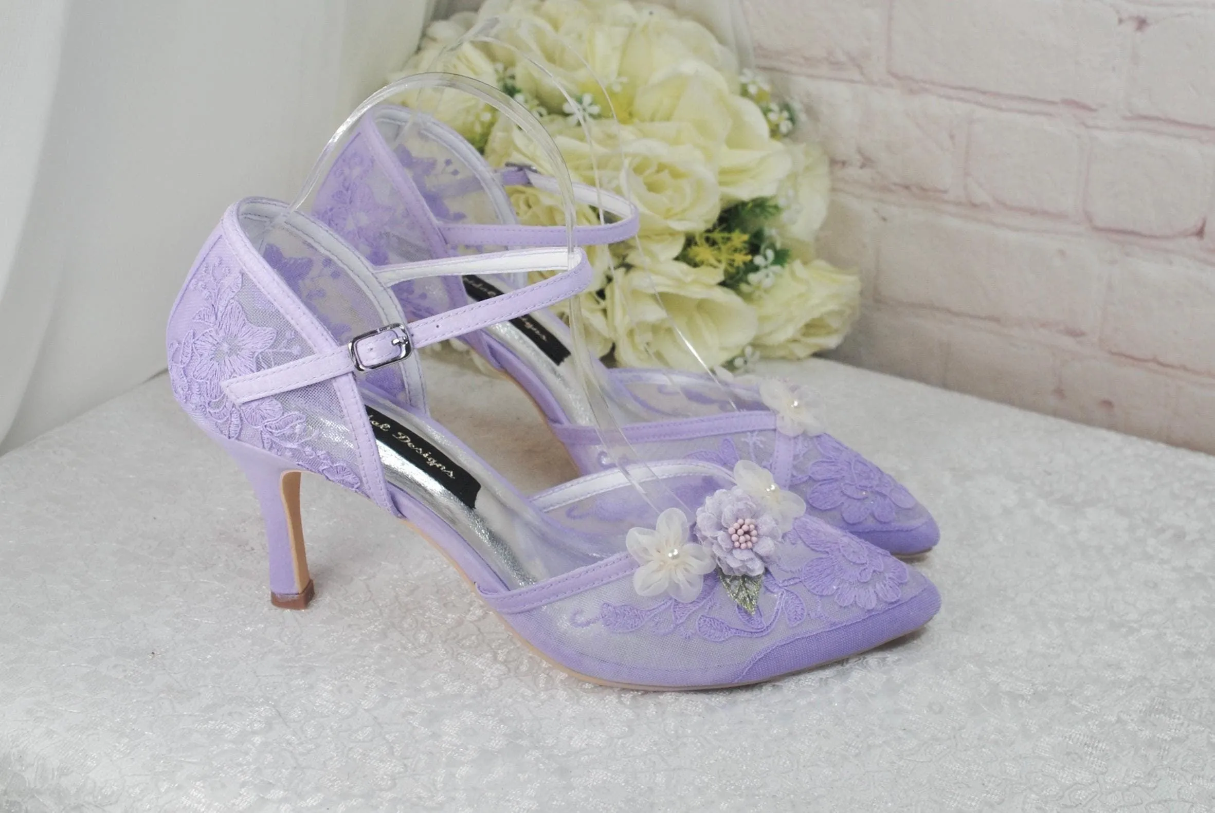 Pastel Lilac 3D Flower Kitten Heel or Block Heel