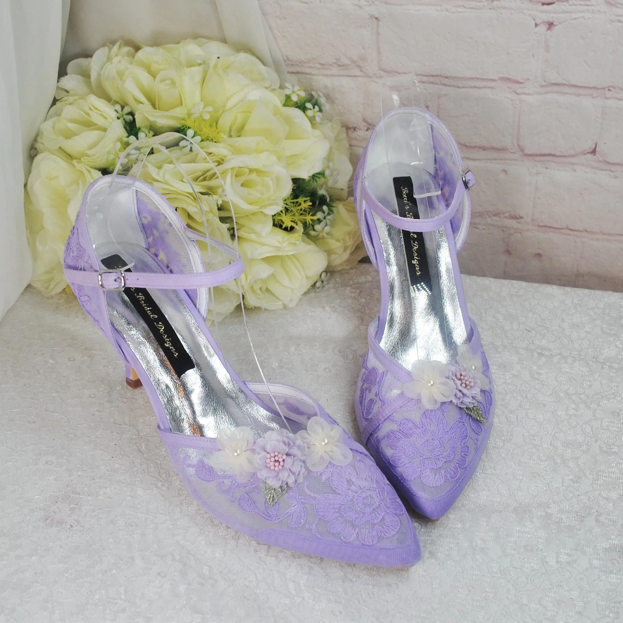 Pastel Lilac 3D Flower Kitten Heel or Block Heel