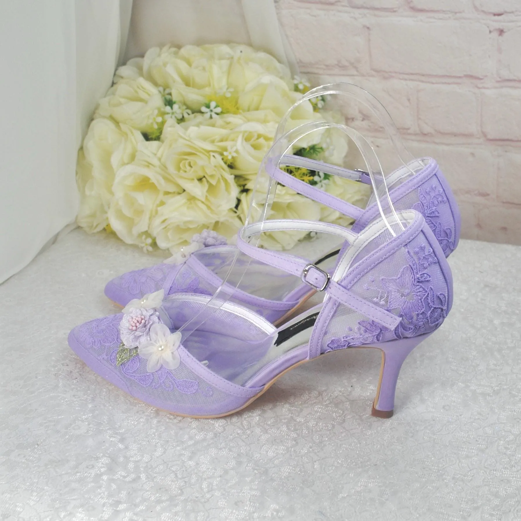 Pastel Lilac 3D Flower Kitten Heel or Block Heel
