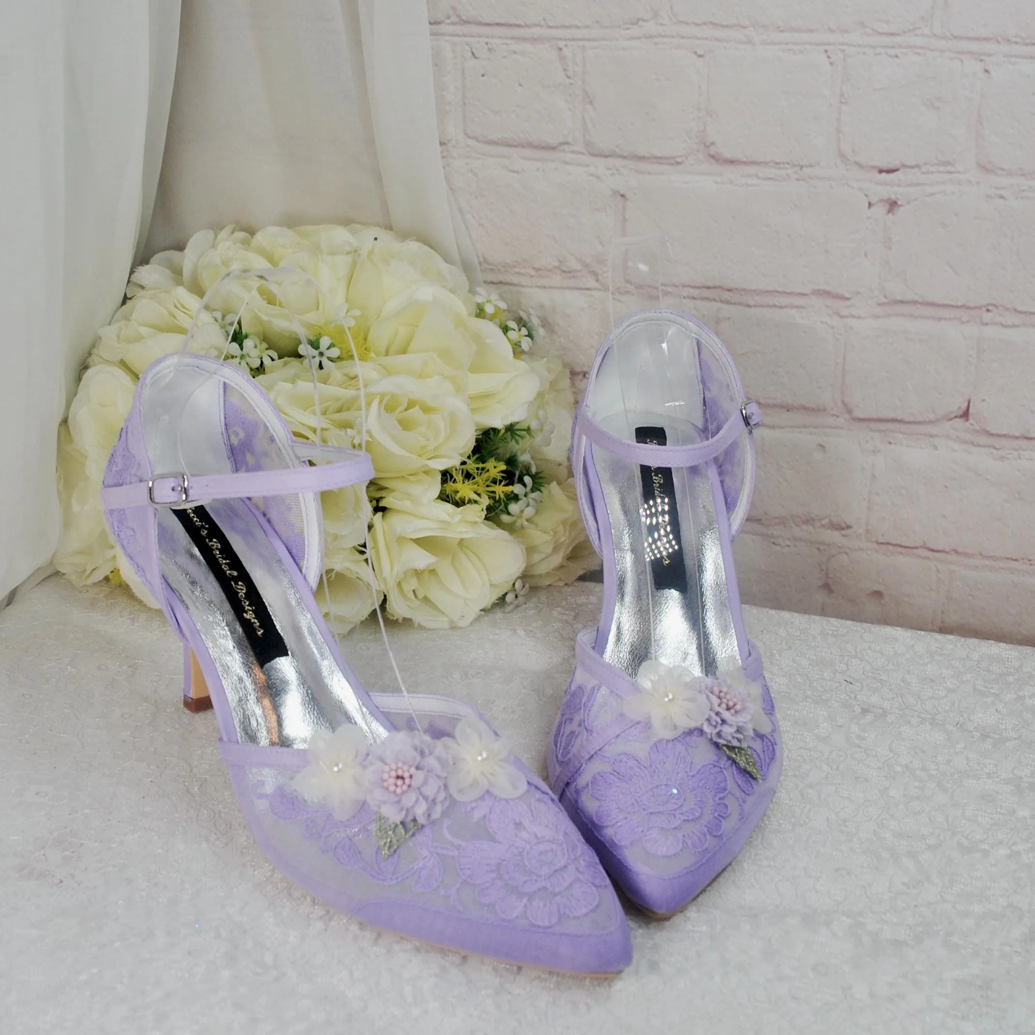 Pastel Lilac 3D Flower Kitten Heel or Block Heel
