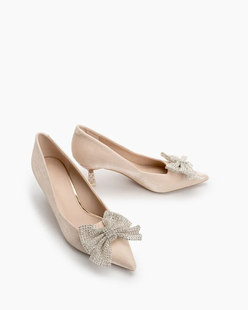 Rhinestone Bowknot Pointed Toe Kitten Heel Pumps