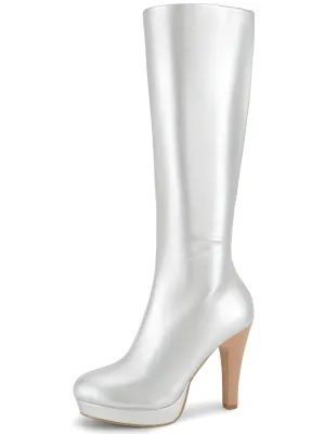 Round Toe Platform Chunky Heel Knee High Boots for Women