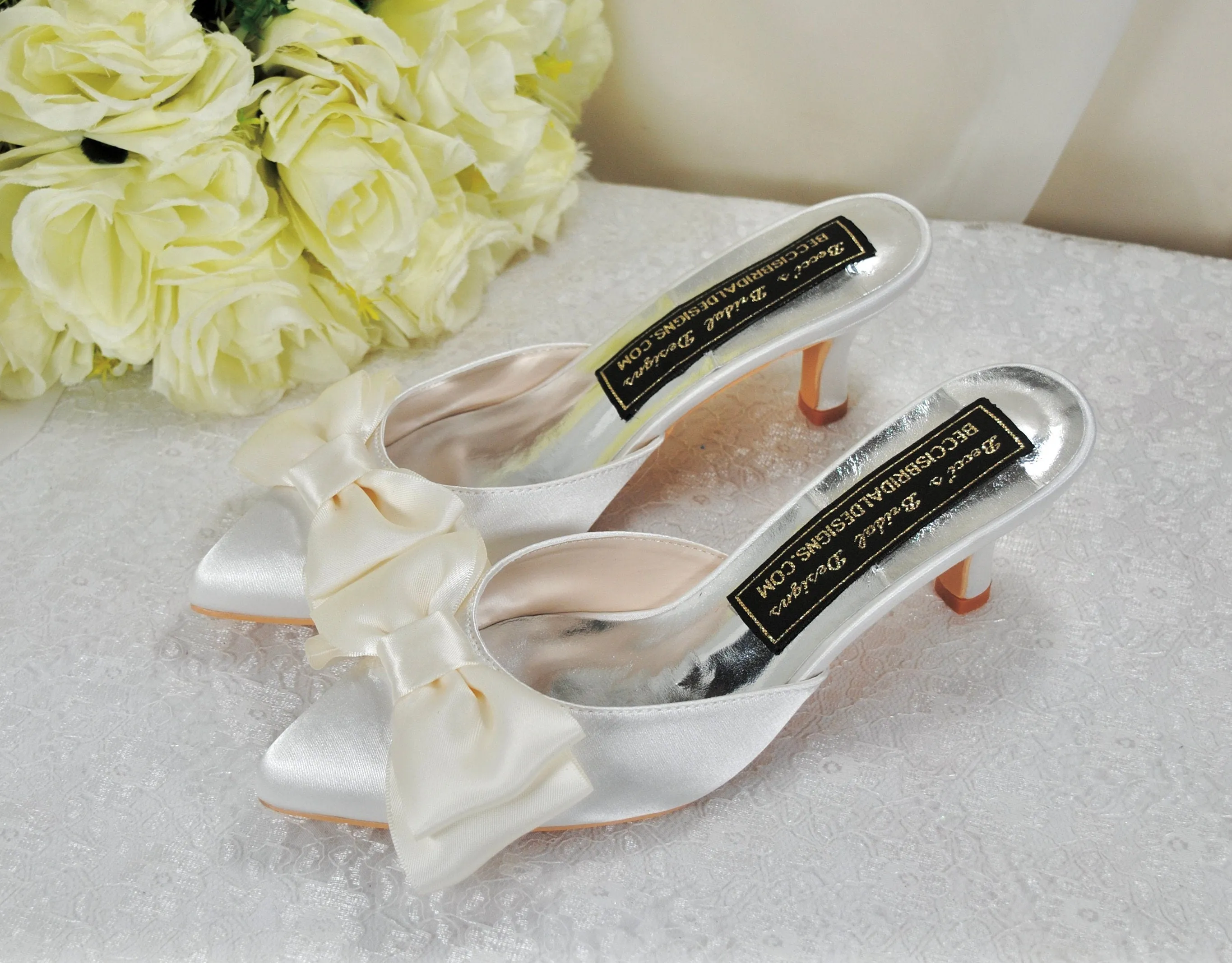 Satin Bridal Mules with Bow, Ivory Wedding Shoes, Low Kitten Heels