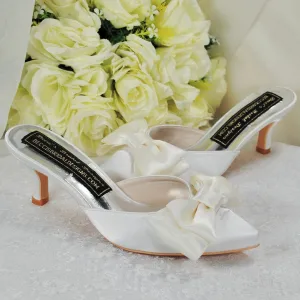 Satin Bridal Mules with Bow, Ivory Wedding Shoes, Low Kitten Heels