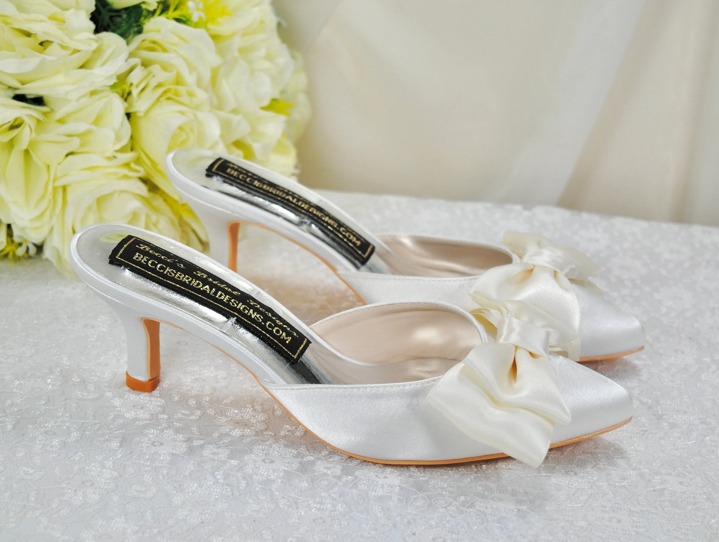 Satin Bridal Mules with Bow, Ivory Wedding Shoes, Low Kitten Heels