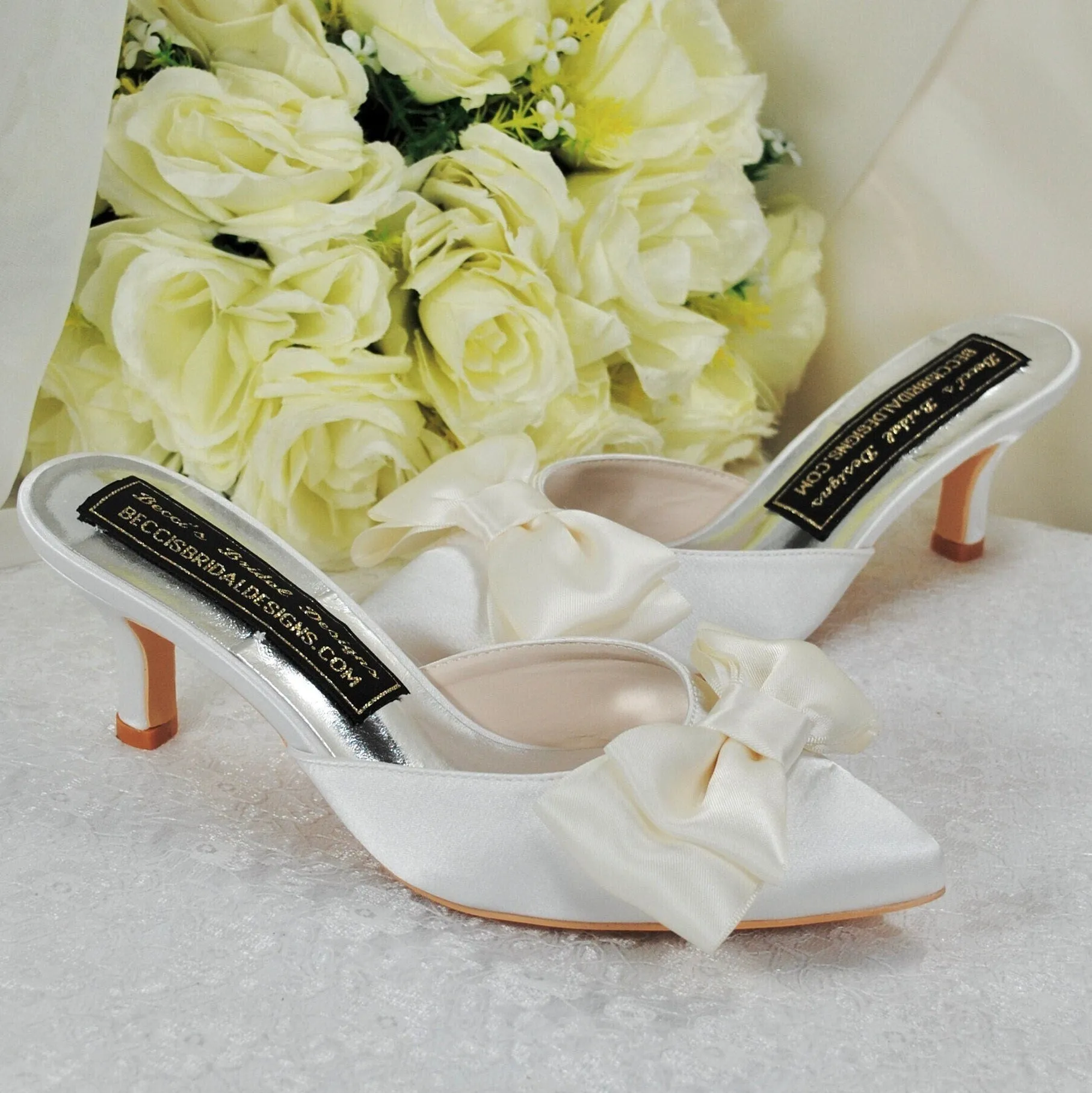 Satin Bridal Mules with Bow, Ivory Wedding Shoes, Low Kitten Heels