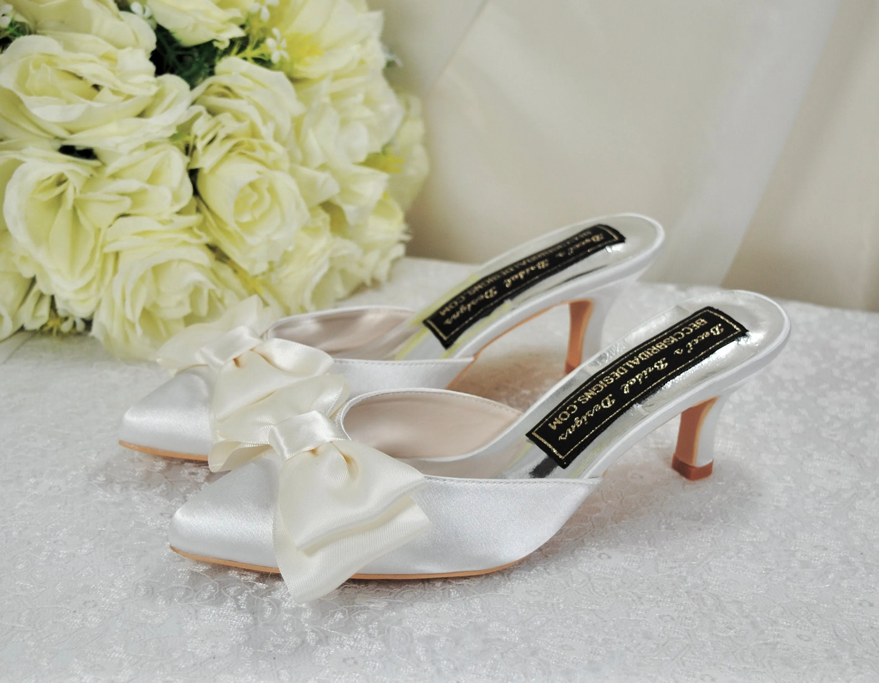 Satin Bridal Mules with Bow, Ivory Wedding Shoes, Low Kitten Heels