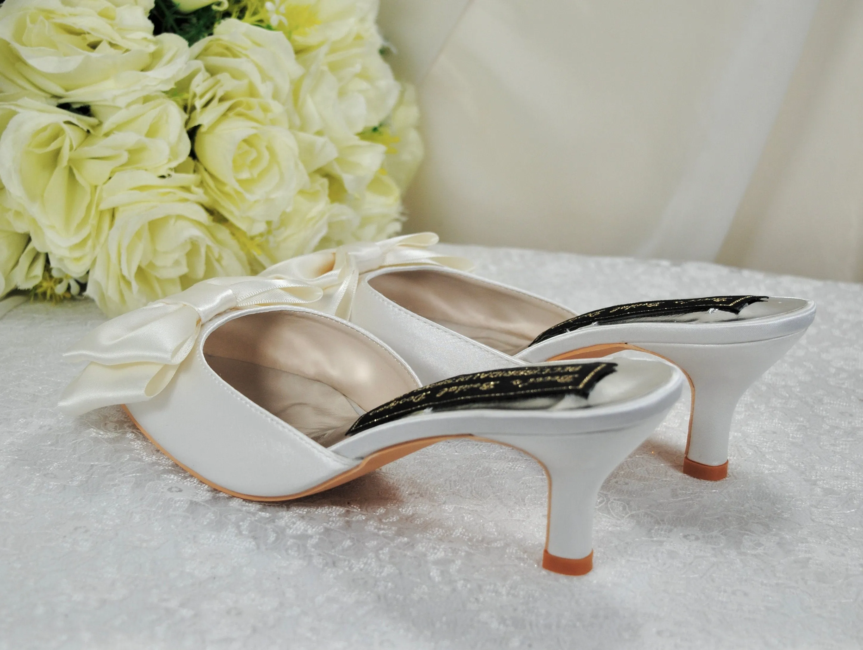 Satin Bridal Mules with Bow, Ivory Wedding Shoes, Low Kitten Heels