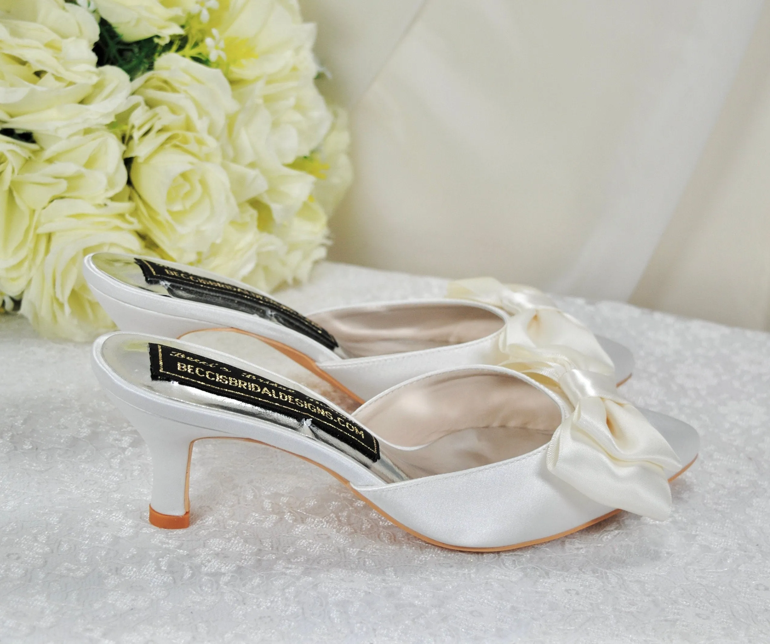 Satin Bridal Mules with Bow, Ivory Wedding Shoes, Low Kitten Heels