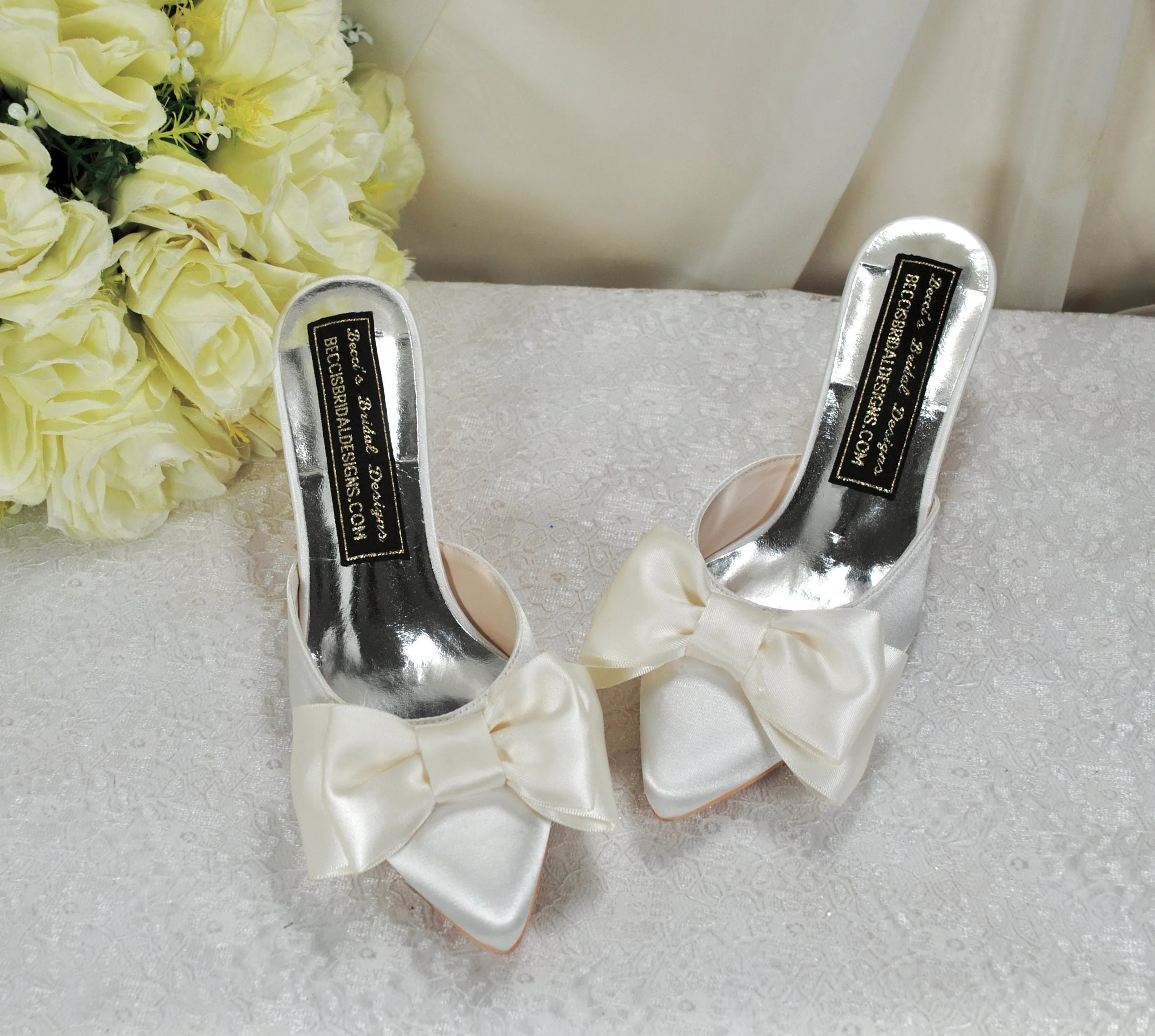 Satin Bridal Mules with Bow, Ivory Wedding Shoes, Low Kitten Heels