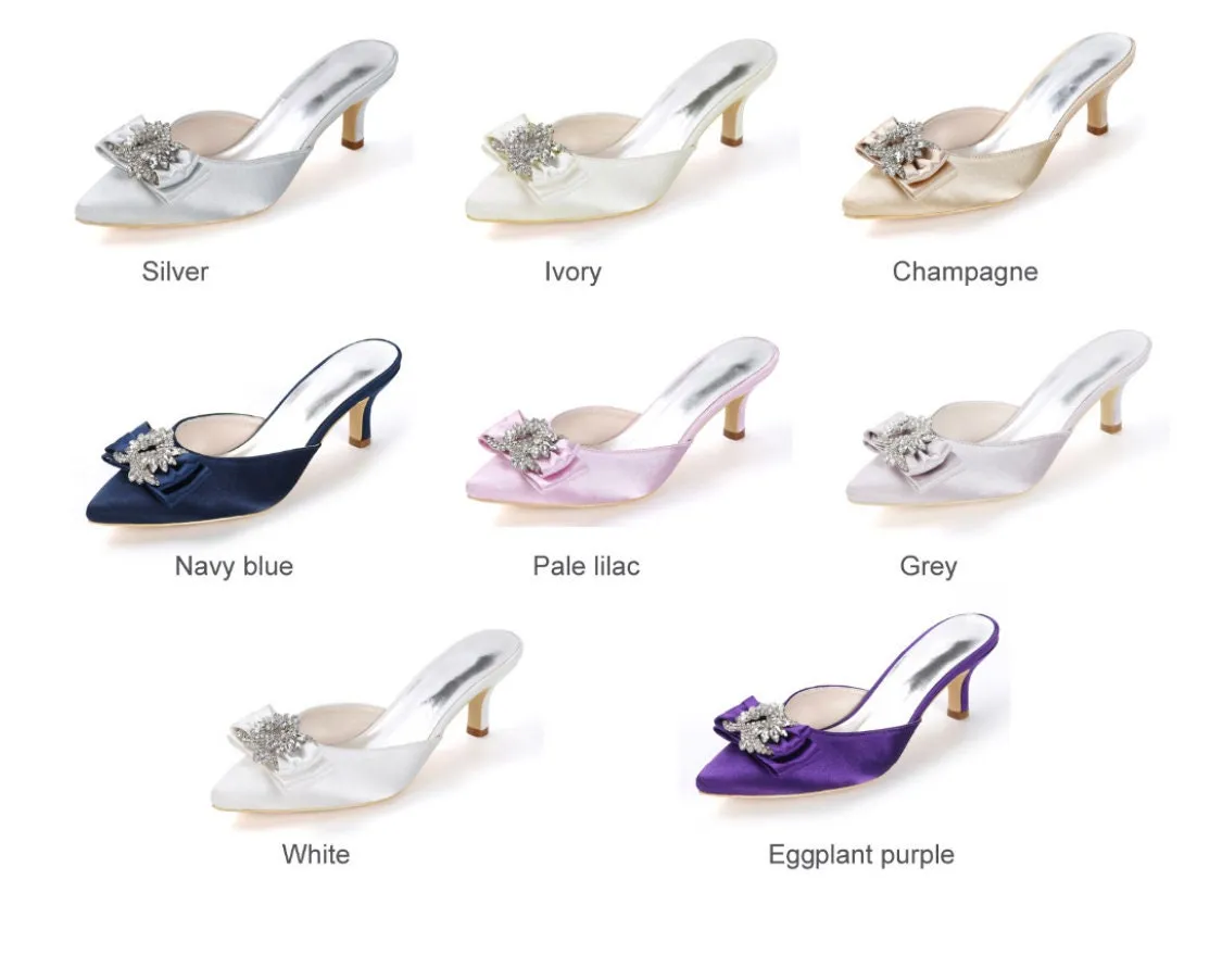 Satin Bridal Mules with Bow, Ivory Wedding Shoes, Low Kitten Heels