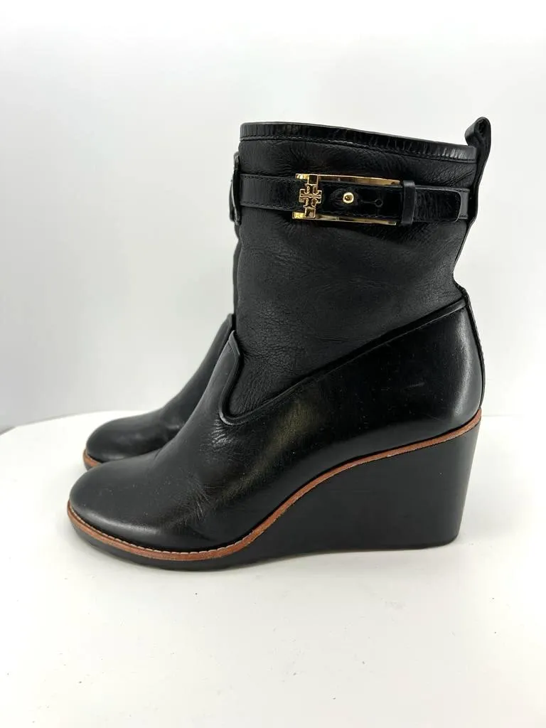 TORY BURCH PRIMROSE SHERPA LINED WEDGE HEEL LEATHER BOOTS