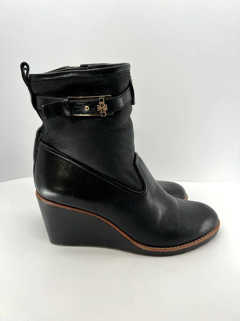 TORY BURCH PRIMROSE SHERPA LINED WEDGE HEEL LEATHER BOOTS