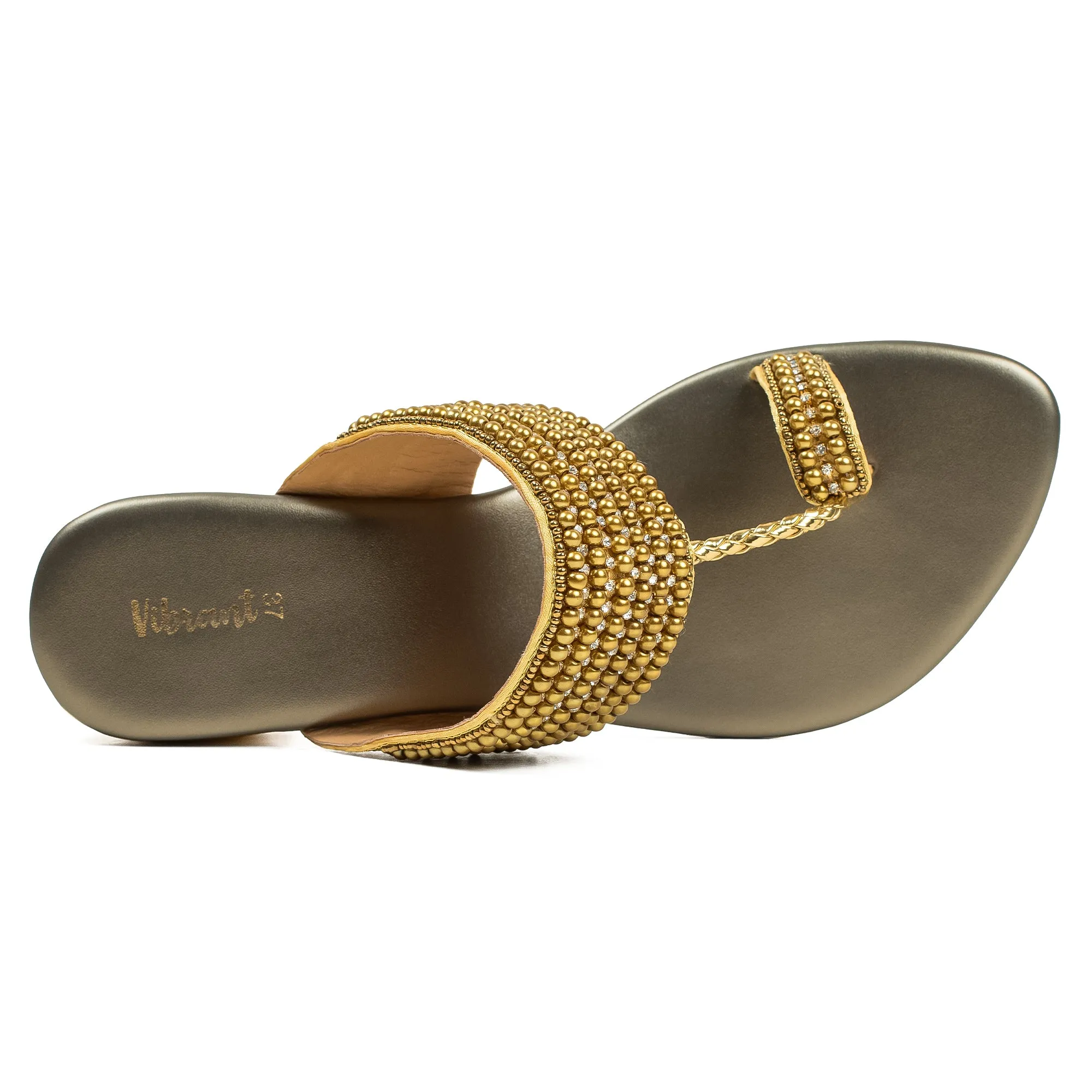 Vibrant Women's Pearl Embellished Golden Block Heel Sandals – Elegant PU Leather Slip-On for Fashion & Comfort