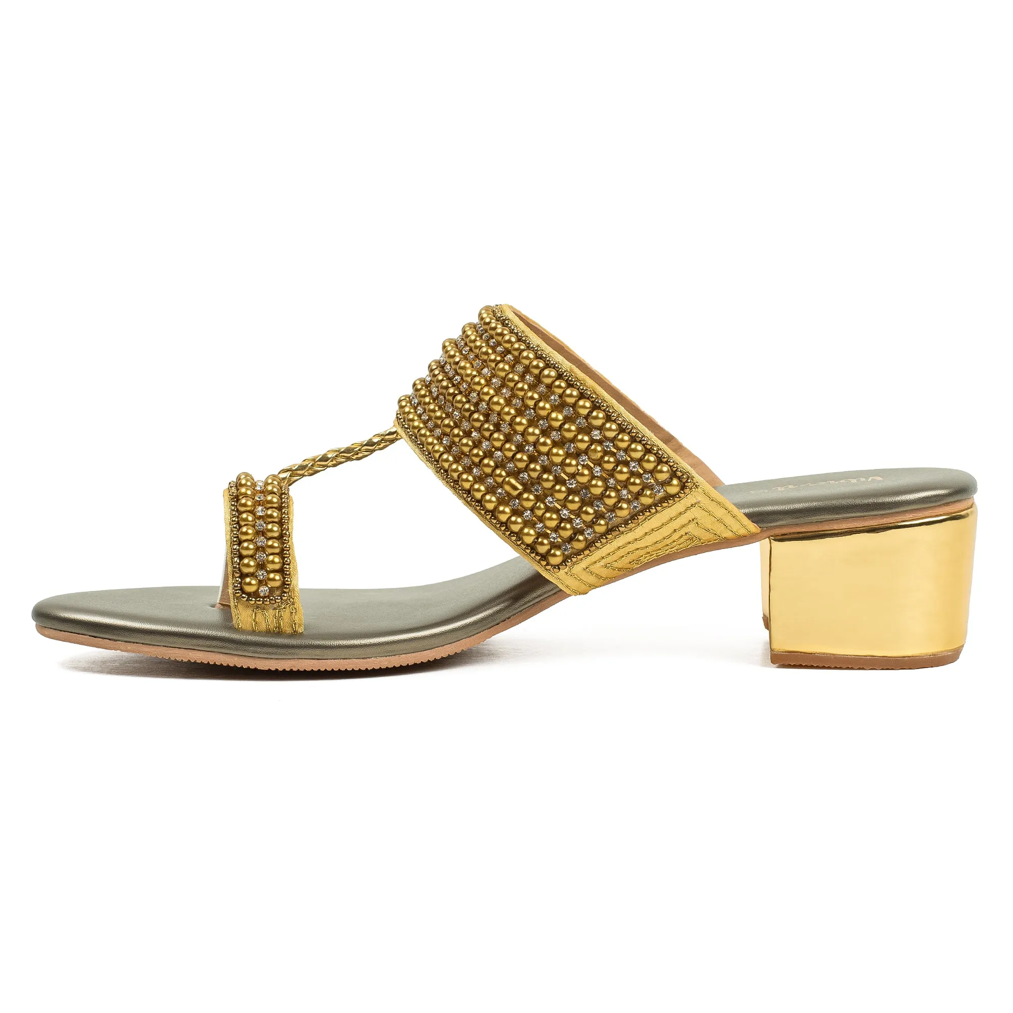 Vibrant Women's Pearl Embellished Golden Block Heel Sandals – Elegant PU Leather Slip-On for Fashion & Comfort