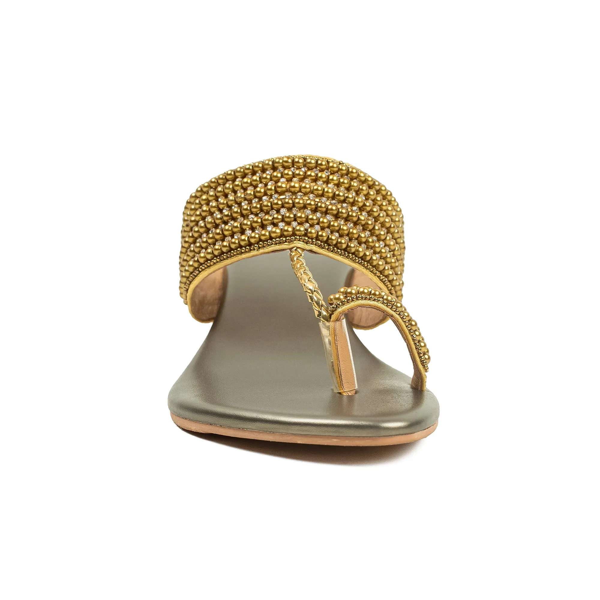 Vibrant Women's Pearl Embellished Golden Block Heel Sandals – Elegant PU Leather Slip-On for Fashion & Comfort