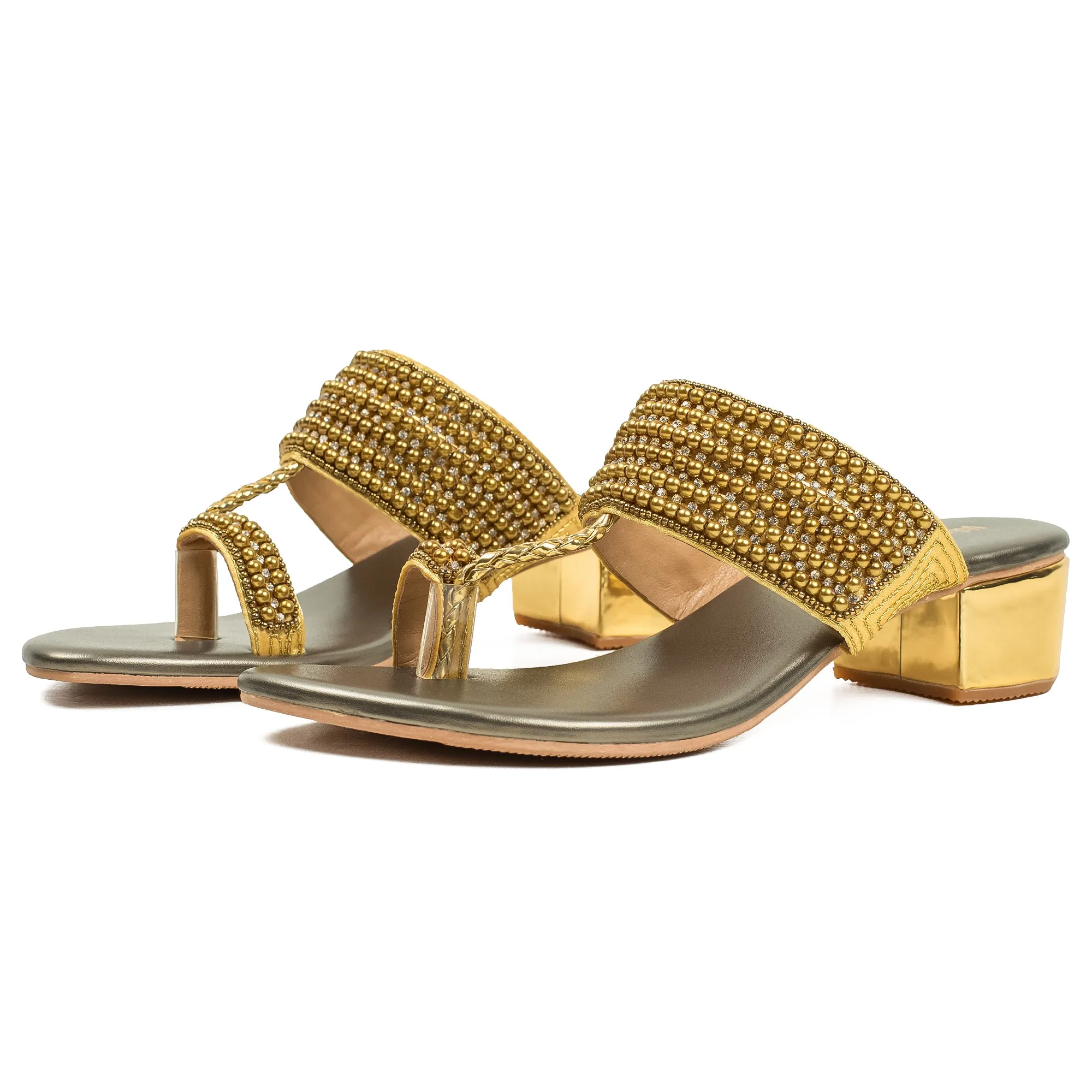 Vibrant Women's Pearl Embellished Golden Block Heel Sandals – Elegant PU Leather Slip-On for Fashion & Comfort
