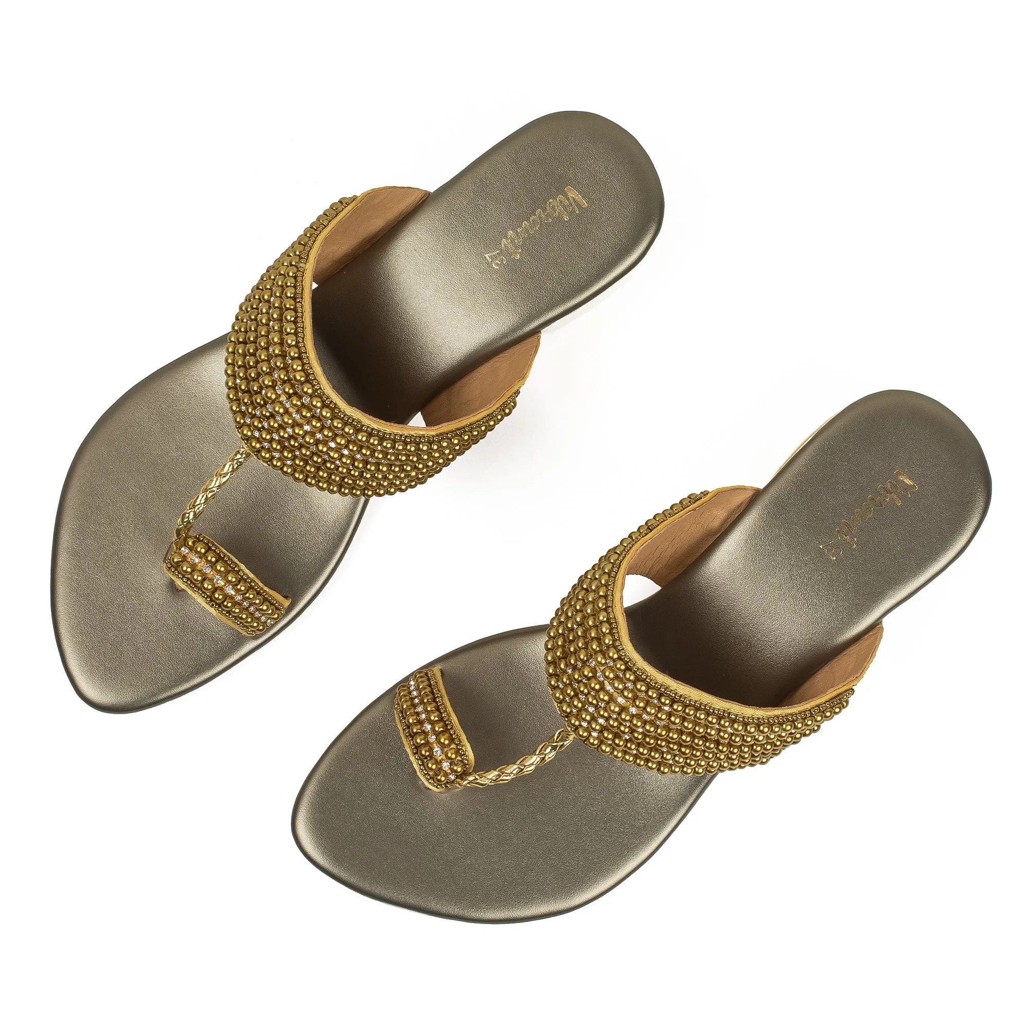 Vibrant Women's Pearl Embellished Golden Block Heel Sandals – Elegant PU Leather Slip-On for Fashion & Comfort