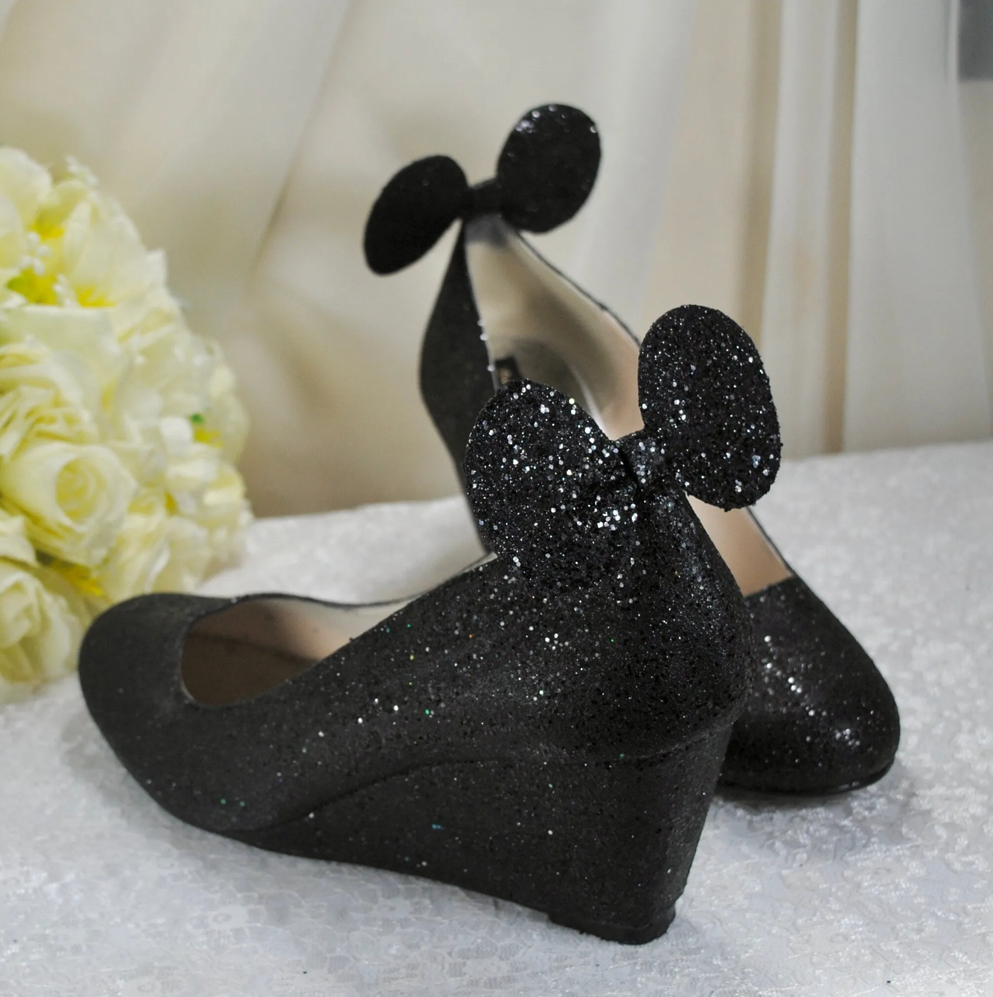 Wedge Heel Glitter Wedding Shoes, Disney Mouse Ears, Shoes for Bride. Any Colour