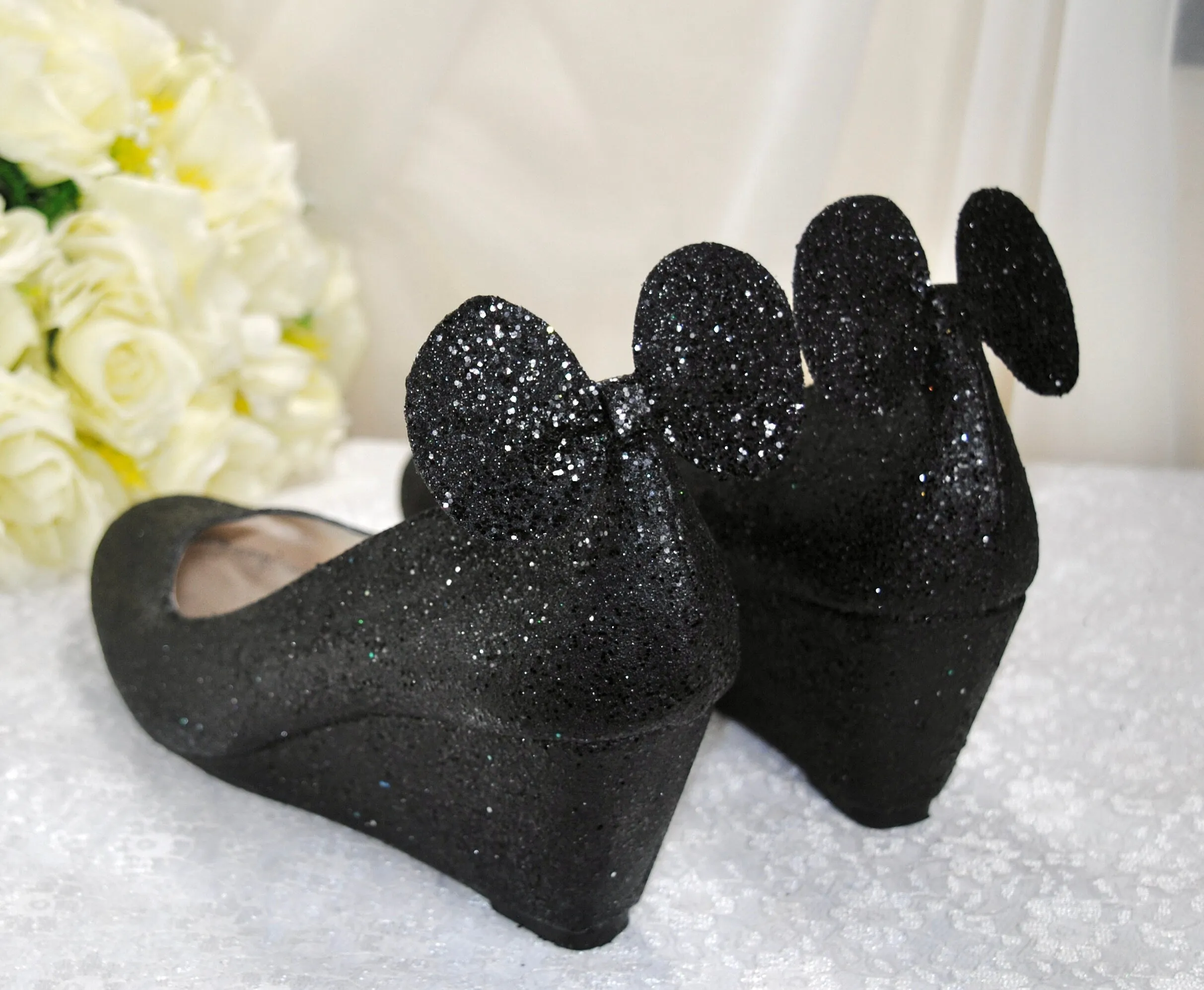 Wedge Heel Glitter Wedding Shoes, Disney Mouse Ears, Shoes for Bride. Any Colour