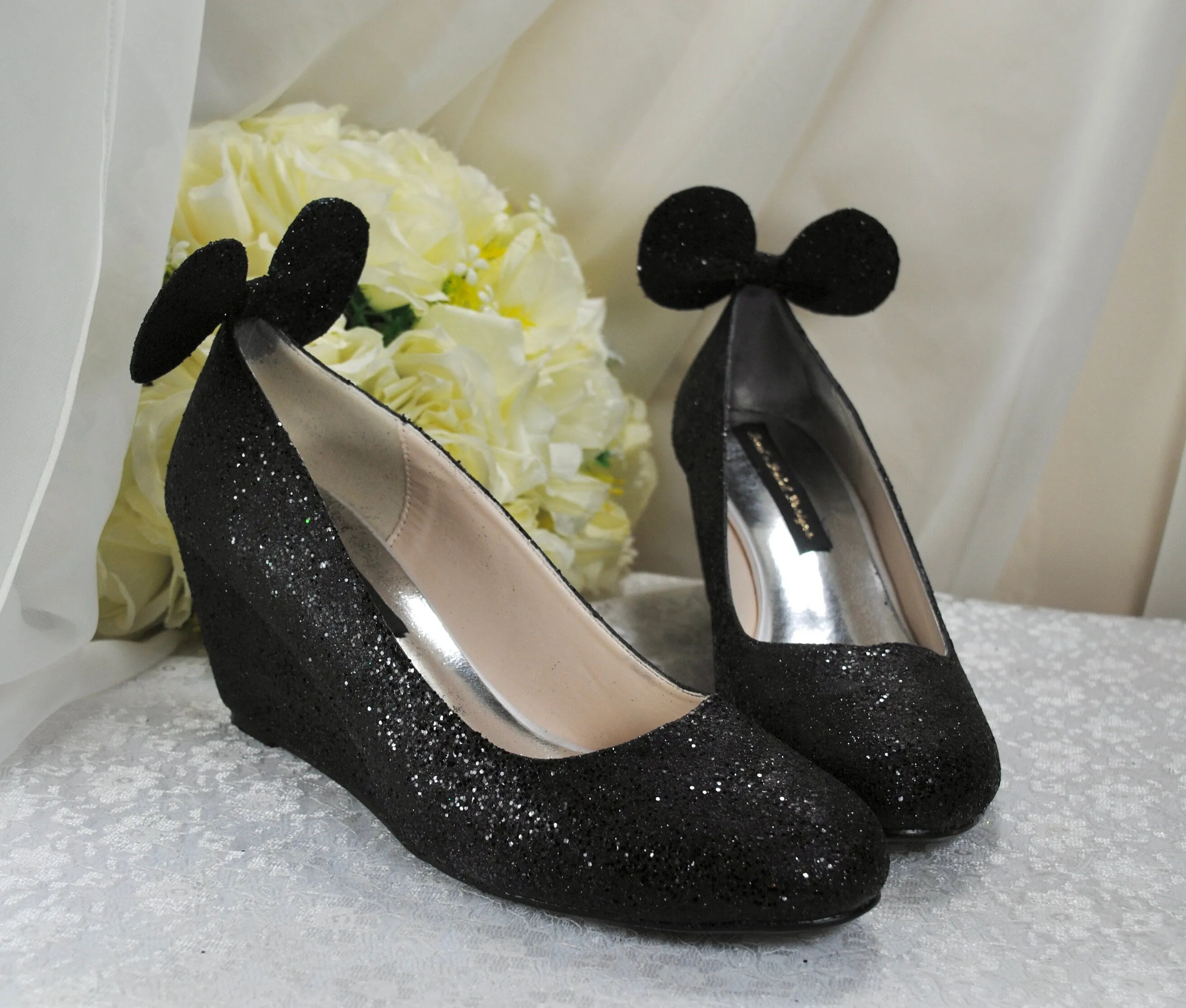 Wedge Heel Glitter Wedding Shoes, Disney Mouse Ears, Shoes for Bride. Any Colour