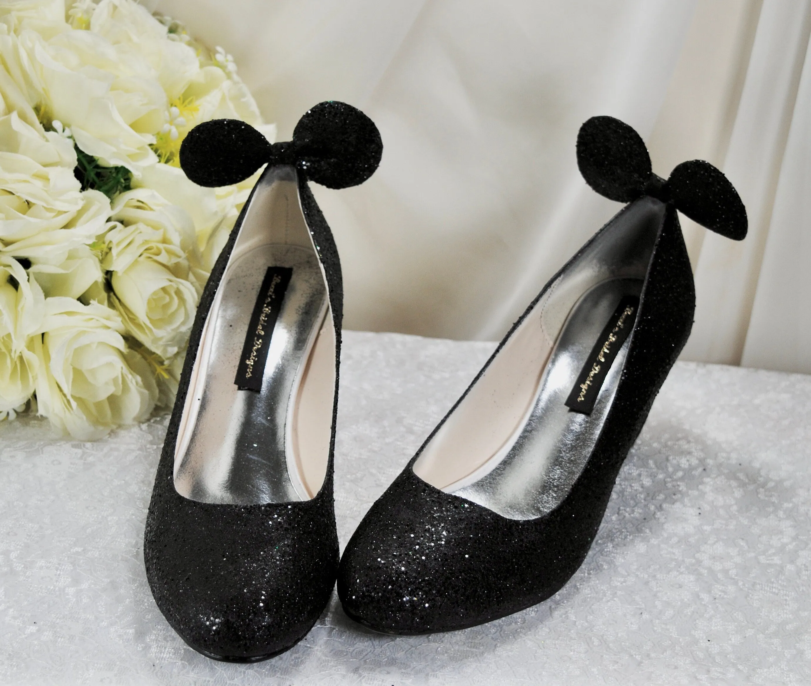 Wedge Heel Glitter Wedding Shoes, Disney Mouse Ears, Shoes for Bride. Any Colour